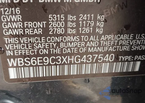 2017 BMW M6 Gran Coupe z USA, uszkodzony, nr VIN WBS6E9C3XHG437540